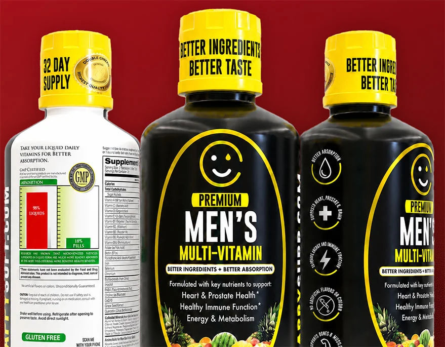 Happy Supp Premium Men's Multivitamin bottles with supplement facts and 98% liquid absorption